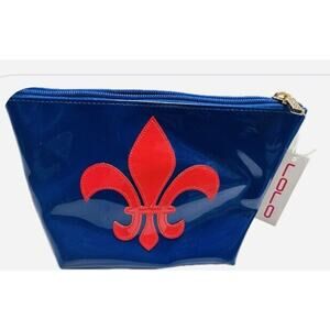 LOLO Cosmetic Case Blue Avery With Red Fleur de Lis Patent Leather NWT
